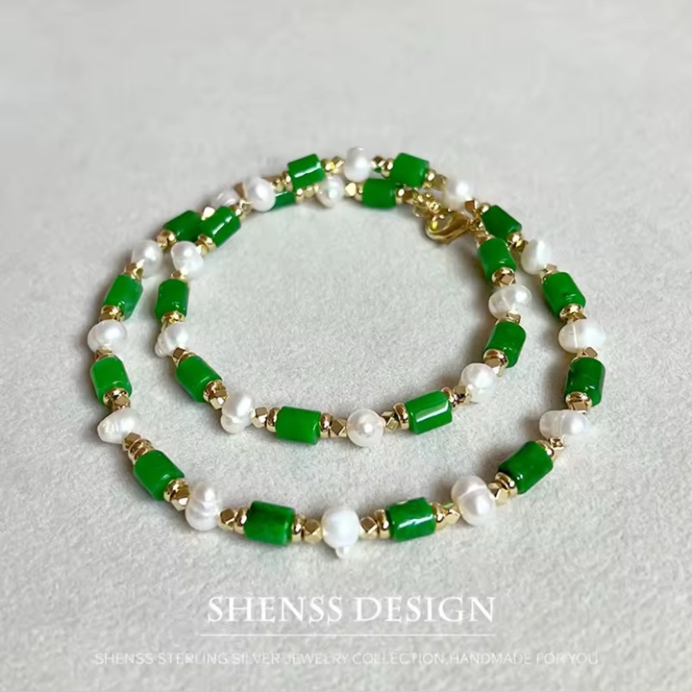 Natural Freshwater Pearl & Green Jade Gemstone Necklace 925 Sterling Silver